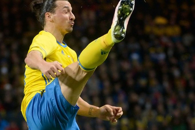 Sweden's Zlatan Ibrahimovic controls the ball during the friendly soccer match between Sweden and Czech Republic at the Friends Arena in Stockholm