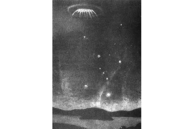 Tato fotografie údajně zachycuje legendární jev známý jako „Petrozavodská medúza“ nebo „aqua-viva Petrozavodsk“, pozorovaný nad ruským městem Petrozavodsk v roce 1977.