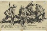 O bitvě u Guadalcanalu nevypovídají jen dobové fotografie. Úžasné svědectví o ní podal ve svých kresbách i voják Howard Brodie. Zde zachytil zraněného kolegu, kterého odnášejí na nosítkách.