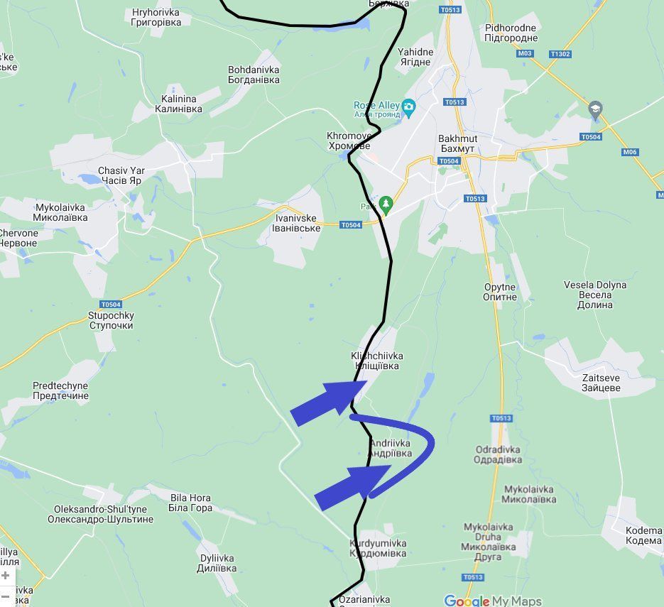 Mapa, znázorňují vesnice Andrijivka a Kliščivka jižně od Bachmutu.