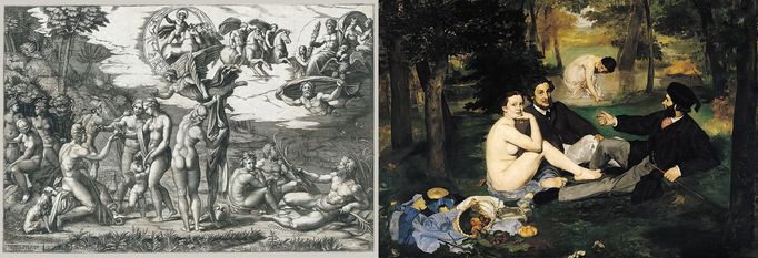 Vlevo: Marcantonio Raimondi, Paridův soud, kolem 1515, mědirytina vytvořená na základě Raffaelovy kresebné předlohy. Vpravo: Édouard Manet, Snídaně v trávě, 1863.