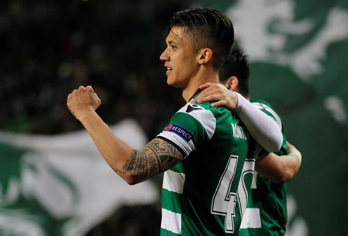 Fredy Montero ze Sportingu Lisabon slaví gól do sítě Viktorie Plzeň