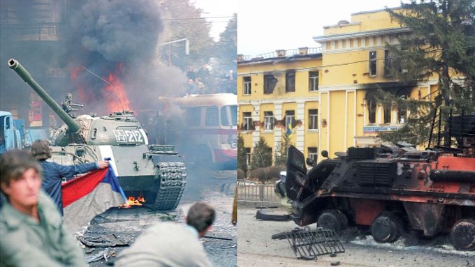 Dvě tváře okupace, za níž stojí Kreml. Mnohé mají společného, třebaže je dělí více než půl století. Vlevo Československo v srpnu 1968. Vpravo Ukrajina v únoru 2022.