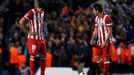 Atletico Madrid's Diego Costa (L) and Koke react after Chelsea scored the first goal during their Champions League semi-final second leg soccer match at Stamford Bridge S