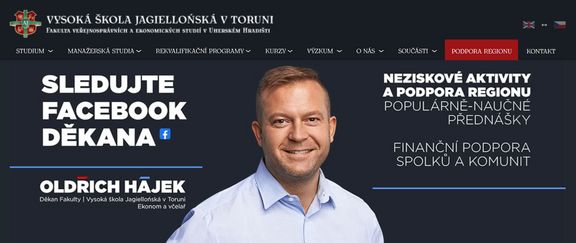 Děkan Oldřich Hájek využil web školy pro svou předvolební prezentaci. 