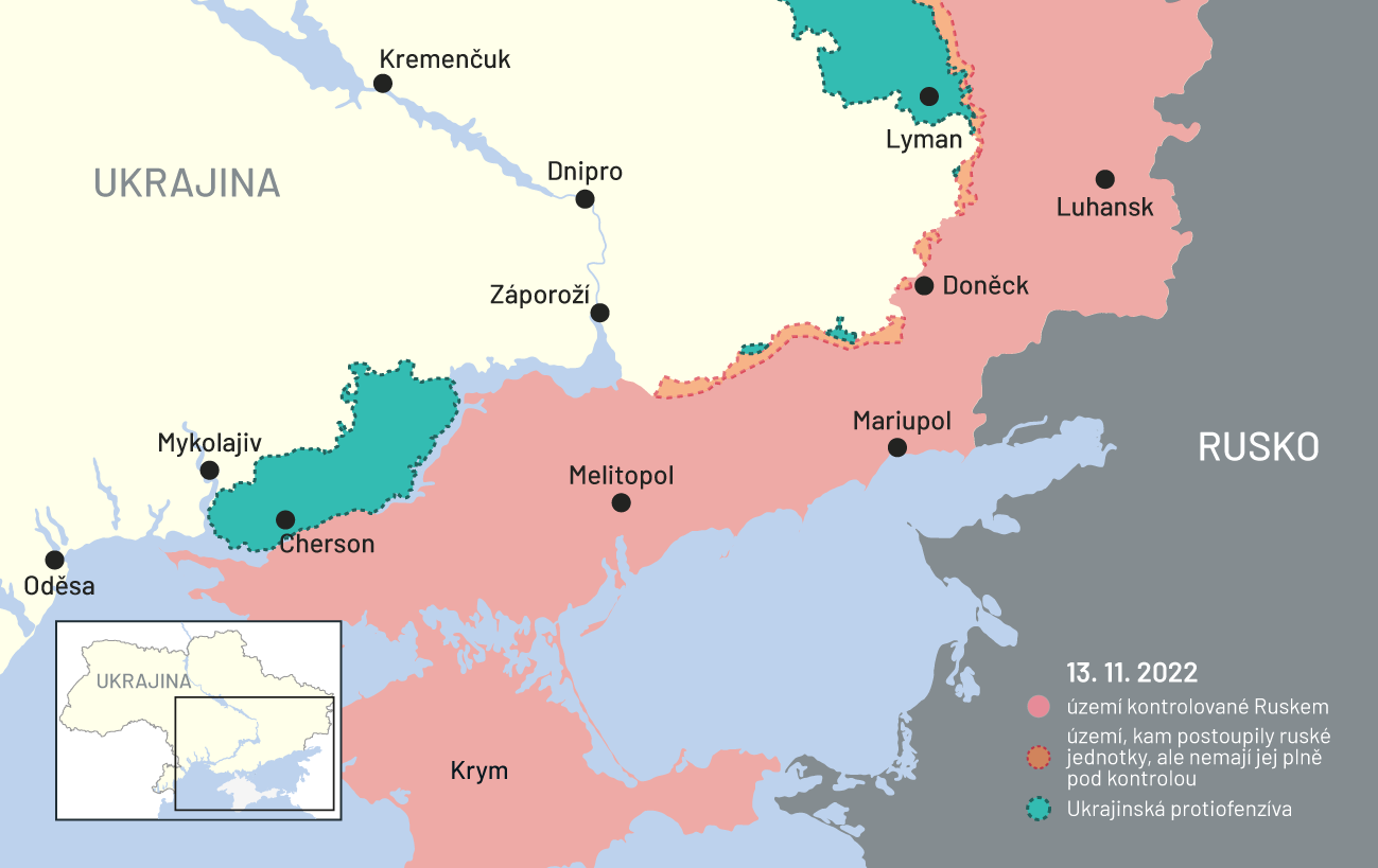 13. listopadu 2022: Mapa bojů na Ukrajině (Jih Ukrajiny)