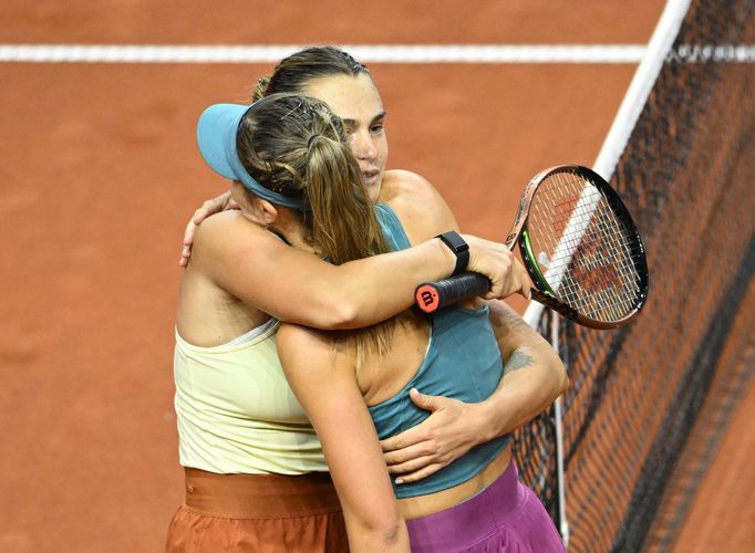 Tennis - WTA 500 - Stuttgart Open - Porsche Arena, Stuttgart, Germany - April 21, 2023 Belarus' Aryna Sabalenka with Spain's Paula Badosa after winning their quarter fina