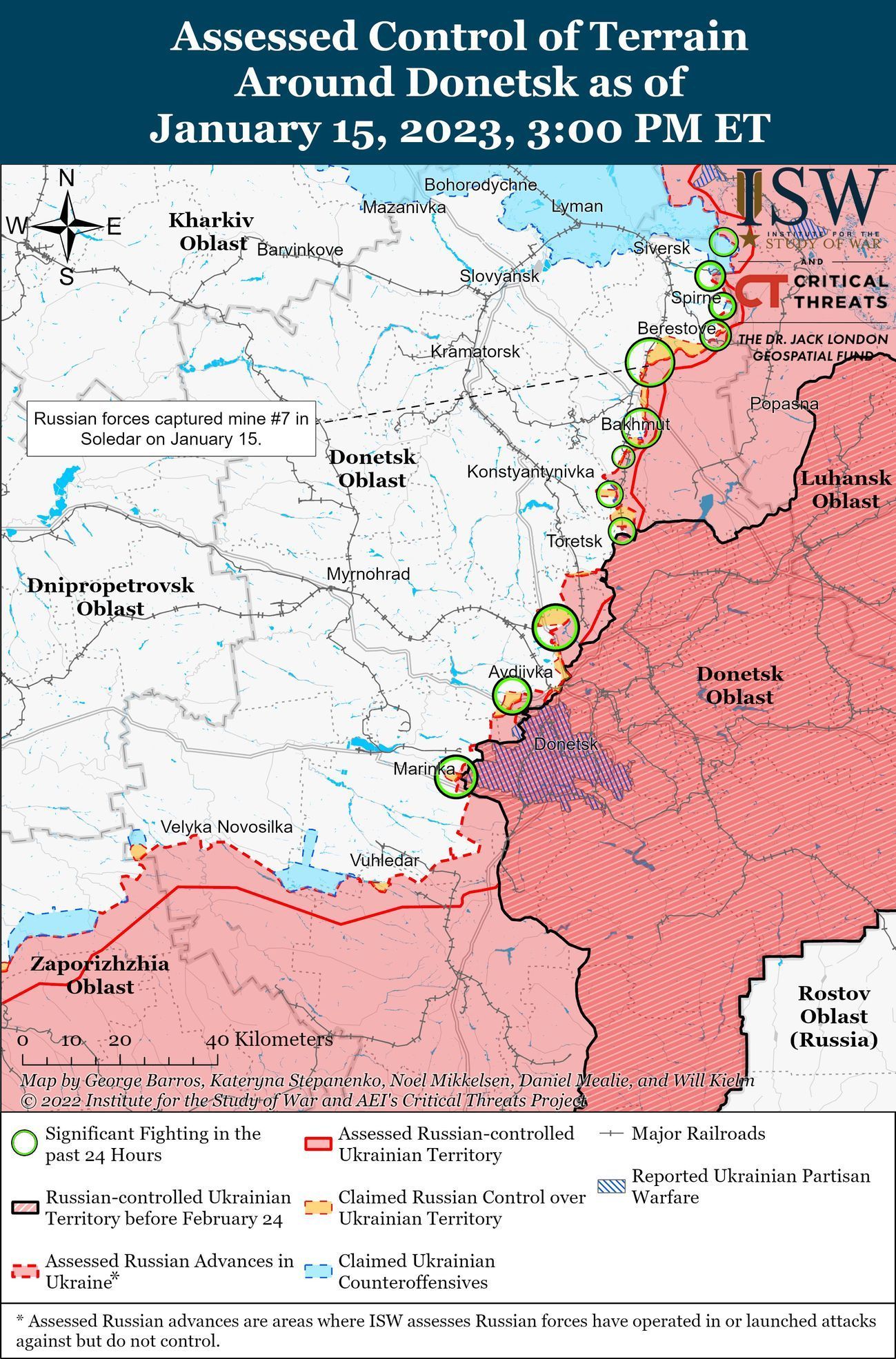 Mapa Institutu pro studium války (ISW) znázorňuje frontovou liniu u Soledaru a Bachmutu.