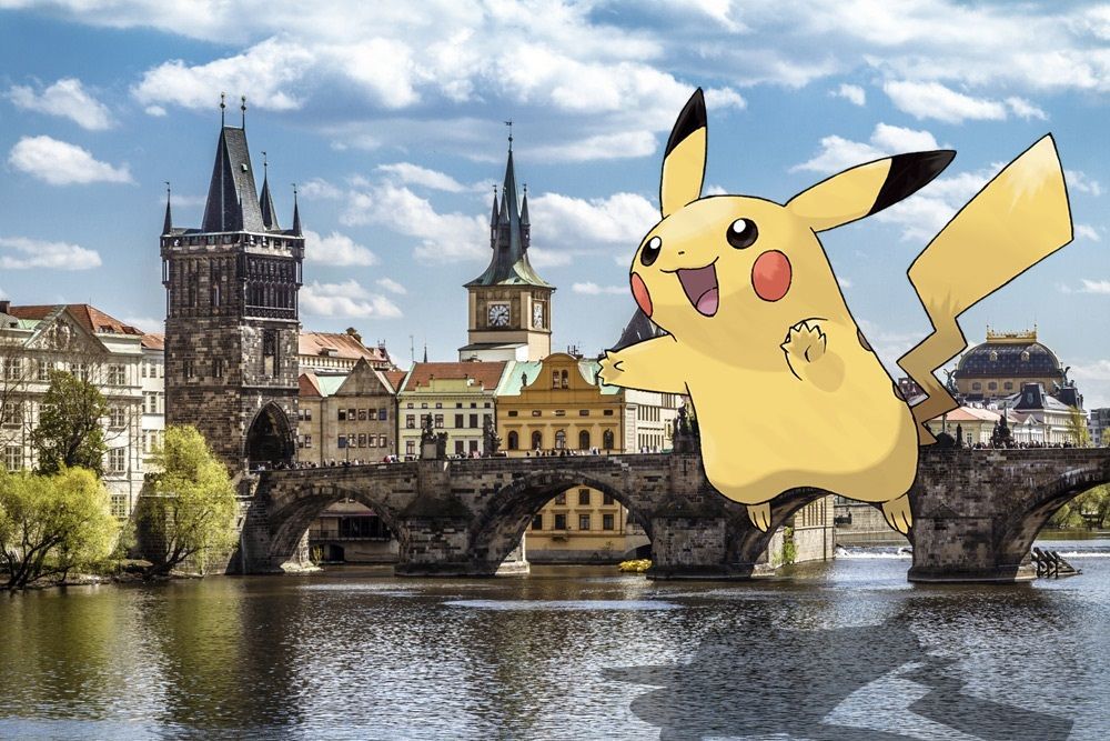 Pokémon GO - Koláž Pikachu nad Prahou