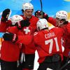 Švýcaři slaví první gól v zápase předkola  play-off Česko - Švýcarsko na ZOH 2022 v Pekingu