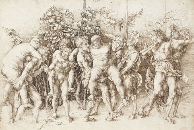 Albrecht Dürer: Bakchanálie se Silénem (po vzoru Andrey Mantegny), 1494