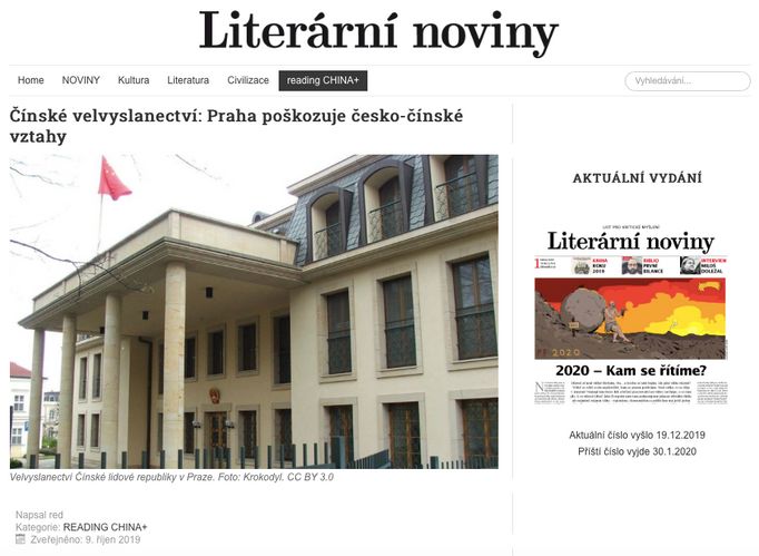 Stanovisko čínské ambasády na webu Literarky.cz.