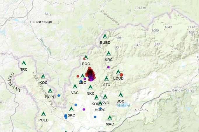 Zemětřesení na Chebsku na mapě Geofyzikálního ústavu Akademie věd ČR.