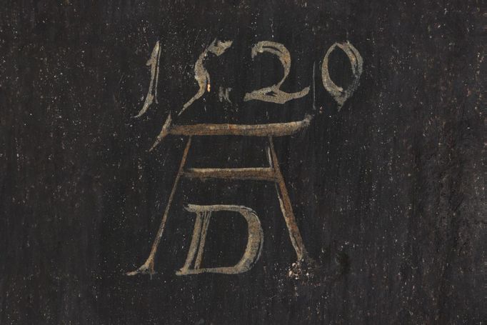 Albrecht Dürer - imitace, Hans Hoffmann (?), 1585–1592, Posmívání Kristu, detail falešné signatury a datace 1520 AD.