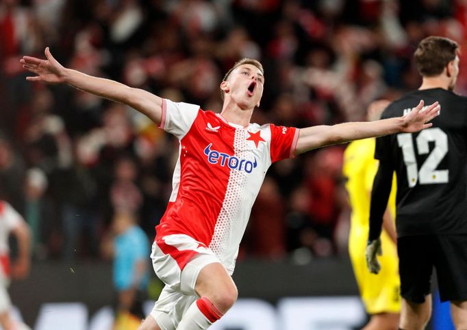 Radost Davida Douděry v zápase Slavia - Bodö/Glimt v Lize mistrů