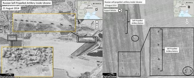 Satelitní snímky, které podle NATO dokazují, že ruské jednotky vjely na ukrajinské území.