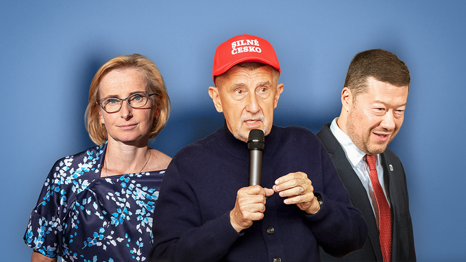 Na koláži Aktuálně.cz jsou (zleva) europoslankyně a vůdkyně českých komunistů i koalice Stačilo! Kateřina Konečná, předseda hnutí ANO Andrej Babiš a Tomio Okamura, šéf SPD.