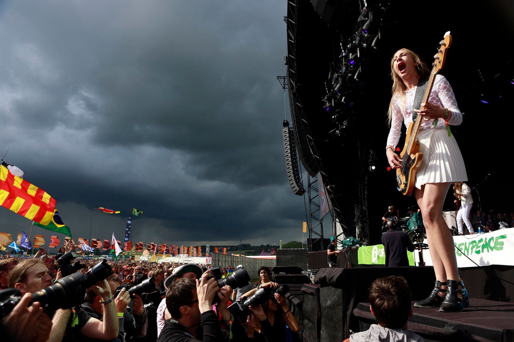 Este Haim of Haim performs on the Other Stage at Worthy Farm in Somerset, during the Glastonbury Festival