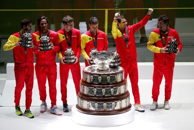 Tennis - Davis Cup Finals - Final - Caja Magica, Madrid, Spain - November 24, 2019   Spain's Rafael Nadal celebrates with team mates after winning the Davis Cup final   R