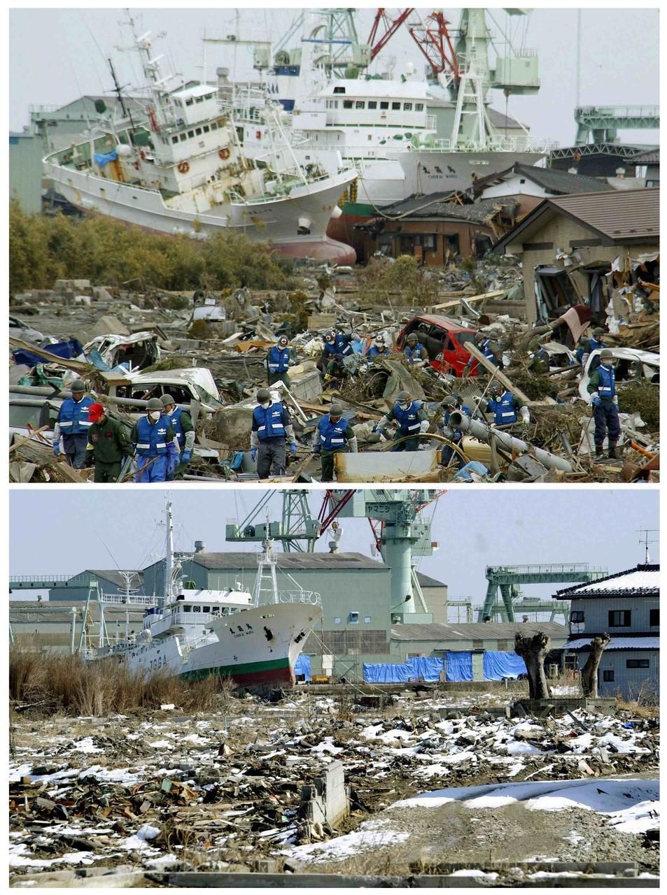 Město Higashi-matsushima v prefektuře Mijagi na fotografii ze 14. března 2011 (nahoře)a 4. března 2012.