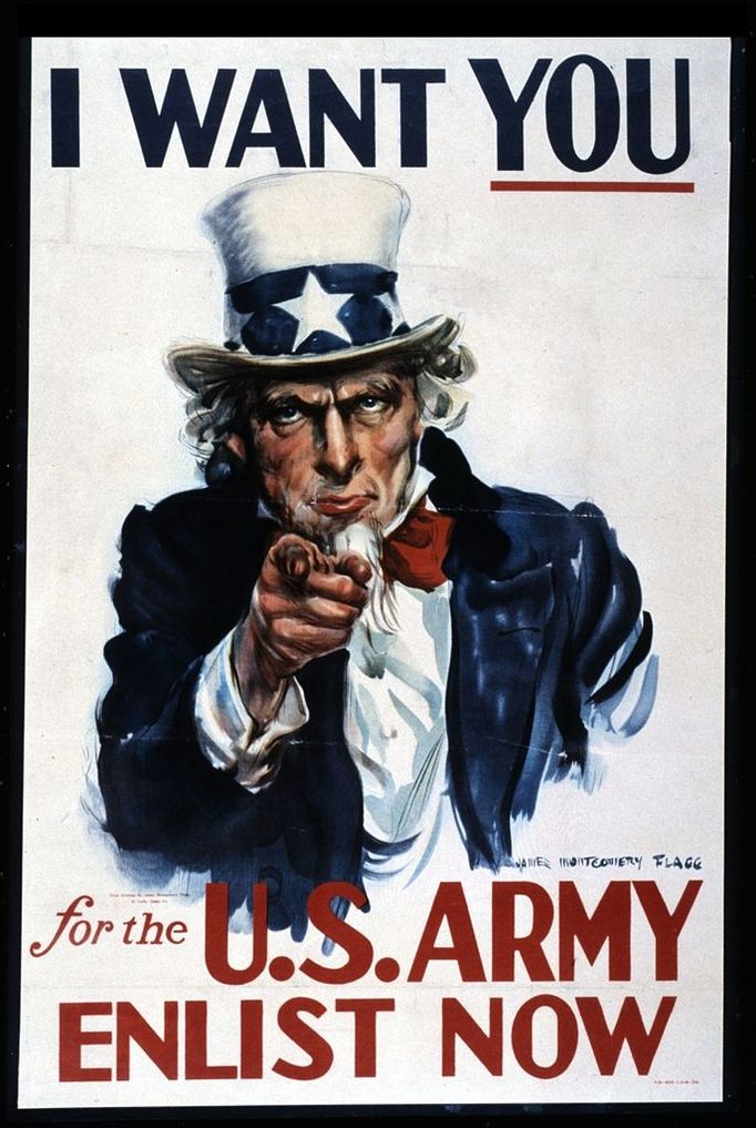 "I Want You for the U.S. Army - Enlist Now," iconic American Uncle Sam recruitment poster as it was adapted for use during World War II. -- FLAGG, James Montgomery : 1877-1960 : American Photo Credit: [ The Art Archive / National Archives Washington DC ]