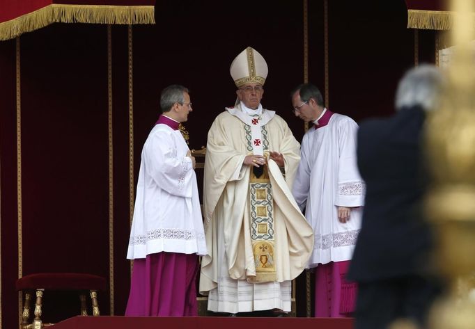 Pope Francis looks on as he leads a canonization mass in Saint Peter's Square at the Vatican May 12, 2013. The Pope leads a mass on Sunday for Antonio Primaldo, mother Laura Montoya and Maria Guadalupe Garcia Zavala.