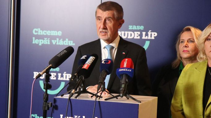 Předseda ANO Andrej Babiš na tiskové konferenci, kde oznámil, že jedničkou kandidátky do Evropského parlamentu bude patrně Kateřina Dostálová