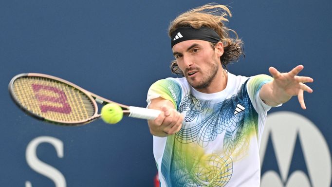 Aug 9, 2023; Toronto, Ontario, Canada;  Stefanos Tsitsipas (GRE) plays a shot against Gael Monfils (FRA) (not pictured) during round 3 play at Sobeys Stadium. Mandatory C