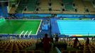 General view of the Olympic diving pool (L) and the pool for the waterpolo and synchronized swimming (R) this afternoon.