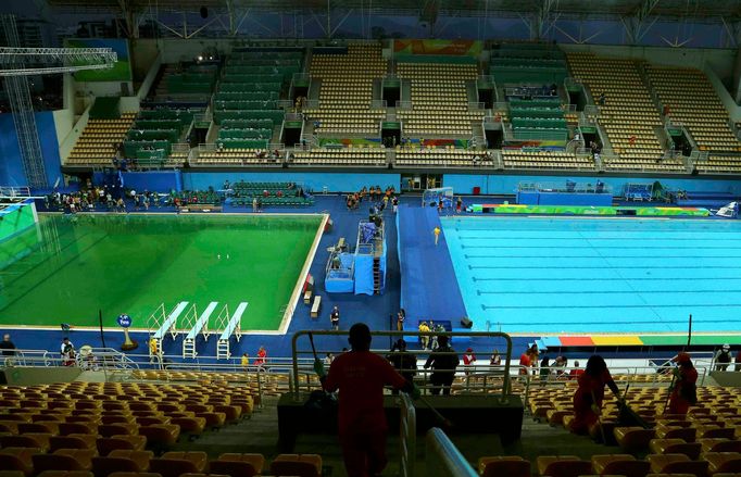 General view of the Olympic diving pool (L) and the pool for the waterpolo and synchronized swimming (R) this afternoon.