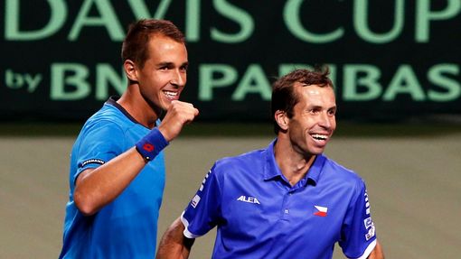 Rosol and Stepanek of Czech Republic celebrate after winning their Davis Cup