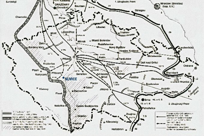 Mapa zachycující vojenskou situaci v květnu 1945 v okolí Slivic na Příbramsku. Jasně je zde vyznačena demarkační linie mezi americkým a sovětským prostorem.