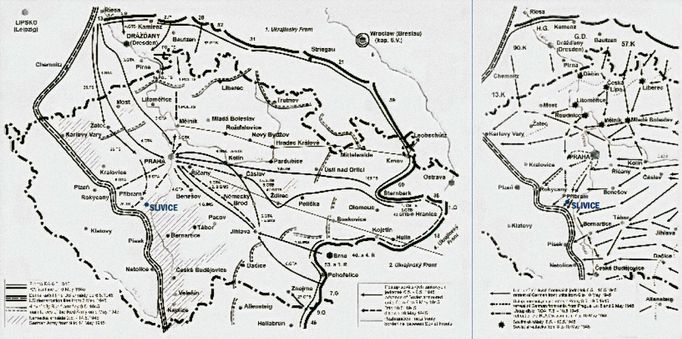 Mapa zachycující vojenskou situaci v květnu 1945 v okolí Slivic na Příbramsku. Jasně je zde vyznačena demarkační linie mezi americkým a sovětským prostorem.