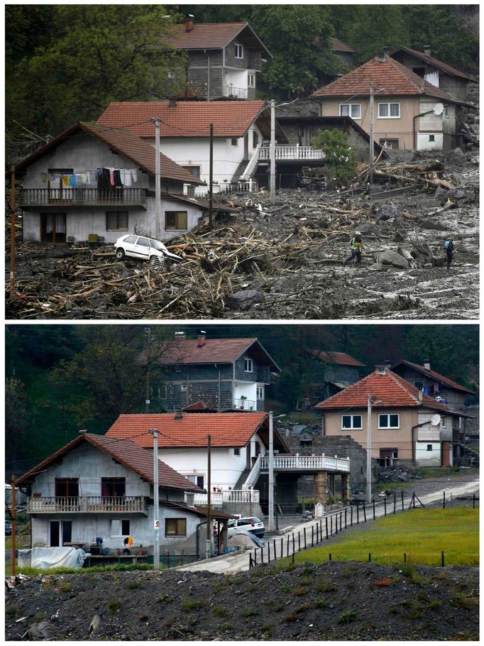 Bosna povodně 2014. Evakuování lidí z domovů při záplavách v Bosně 16.května 2014 (nahoře). To samé místo po povodních vyfocené 8.října 2014 (dole).