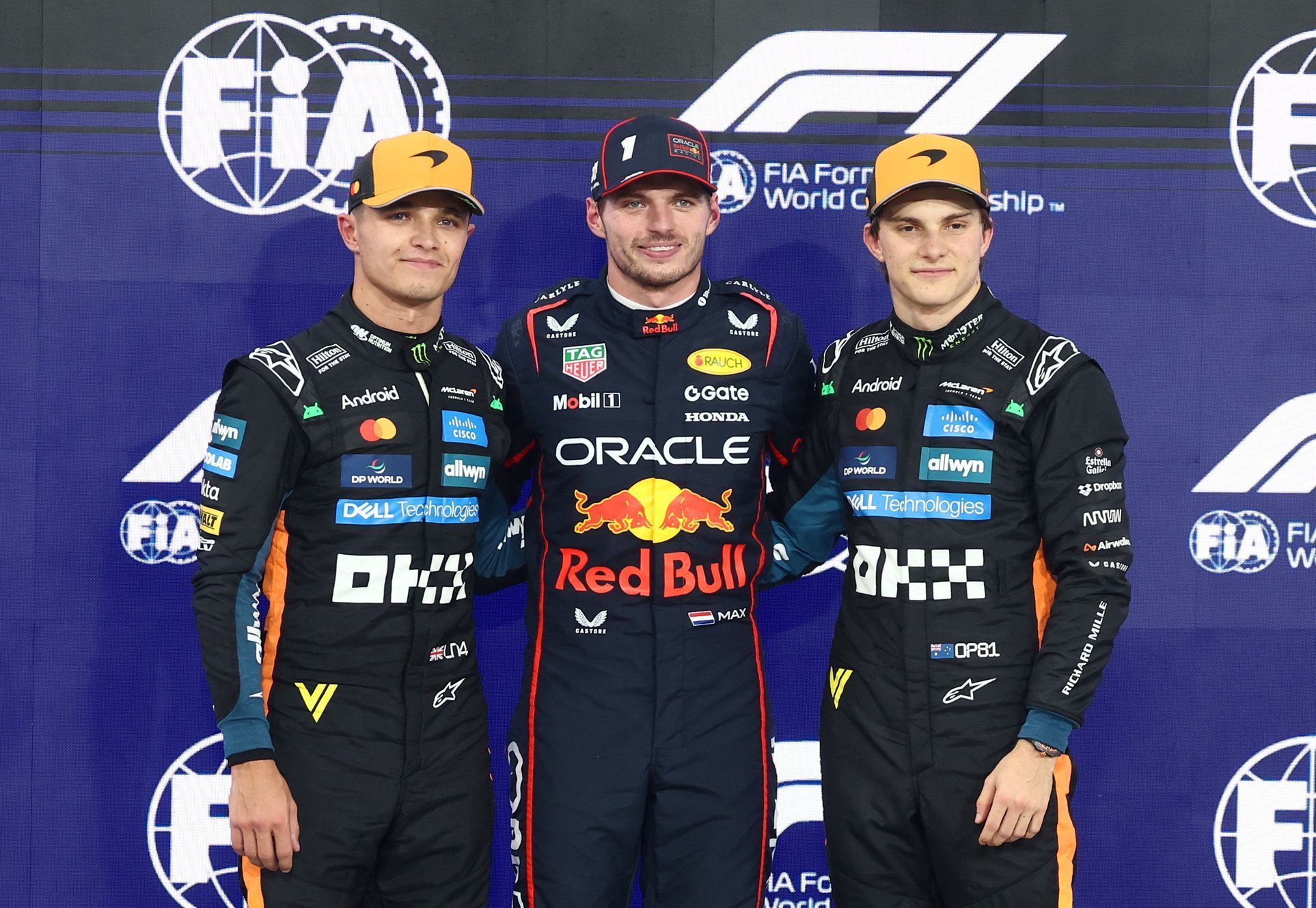 Oscar Piastr, Max Verstappen a Lando Norris po kvalifikaci na VC Abú Zabí F1 2025