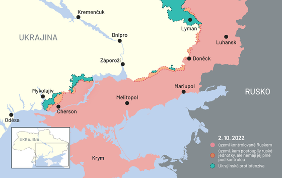 Mapa bojů na Ukrajině z 2. října, na které je vidět i Lyman.