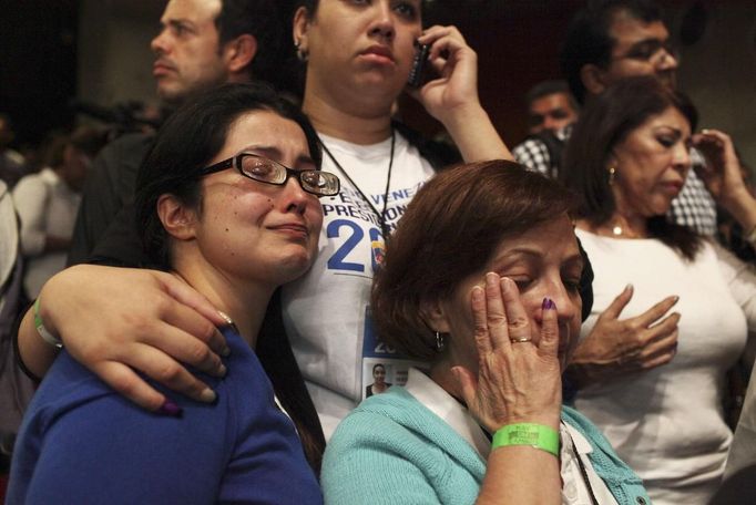 Supporters of Venezuela's opposition presidential candidate Henrique Capriles react to his election loss to President Hugo Chavez, at Capriles' press center in Caracas October 7, 2012. Venezuela's socialist President Chavez won re-election in Sunday's vote with 54 percent of the ballot to beat opposition challenger Henrique Capriles. REUTERS/Gil Montano (VENEZUELA - Tags: POLITICS ELECTIONS) Published: Říj. 8, 2012, 6:08 dop.