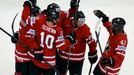 Canada's Nathan Mackinnon (3rd L) celebrates his goal against the Czech Republic with team mates during the second period of their men's ice hockey World Championship gro