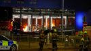 Flames are seen as emergency services respond to a fire in Terminal Car Park 2 at London Luton airport in Luton, Britain, October 10, 2023.  REUTERS/Peter Cziborra