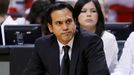 Miami Heat head coach Erik Spoelstra reacts as he watches his team play the San Antonio Spurs during the third quarter in Game 7 of their NBA Finals basketball playoff in