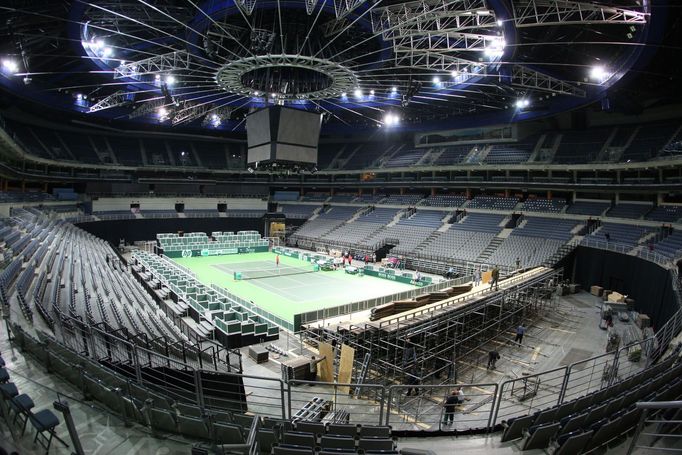 O2 aréna během tréninku českých tenistů před finále Davis Cupu 2012.