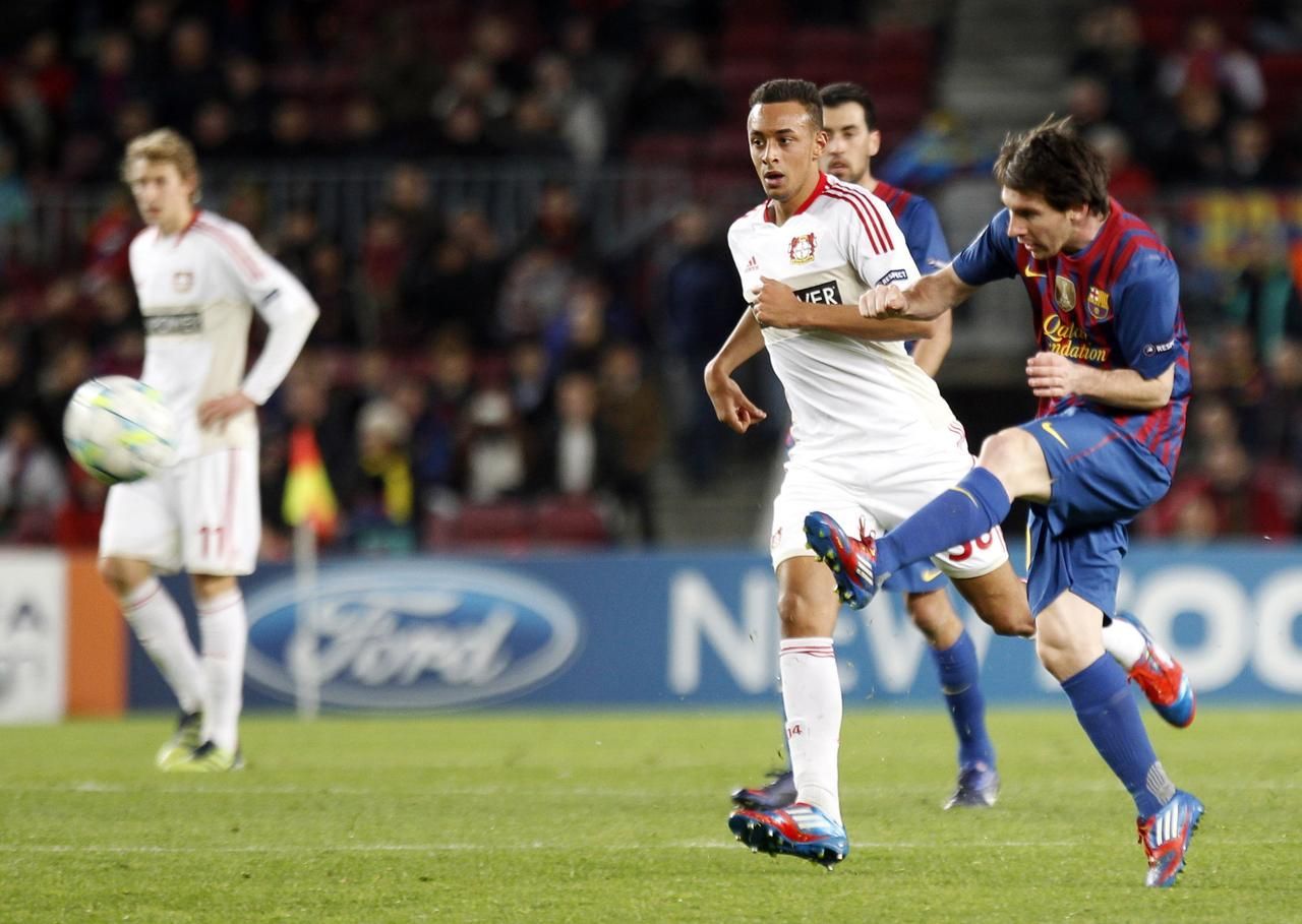 Pátý, poslední gól Lionela Messiho, který v zápase Barcelona - Leverkusen dal