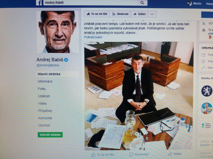 Premiér v demisi Andrej Babiš se na svém facebookovém profilu vyznal, že žije ve stresu a pracuje 18 hodin denně. Obdivuhodné, jaký je "makačenko" (foto z jeho profilu)