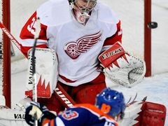 Aleš Hemský (Edmonton) překonáváa brankáře Jimmy Howarda (Detroit) v utkání NHL.