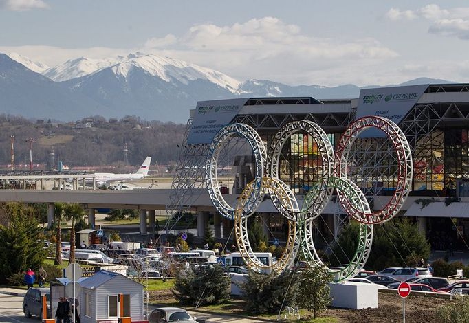 Olympic rings installed near Sochi Airport 1366209 Russia, Sochi. 02/07/2013 The five Olympic rings installed in front of the Sochi Airport.