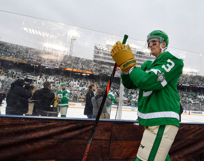 Jan 1, 2020; Dallas, TX, USA; Dallas Stars defenseman John Klingberg (3) celebrates as he walks off the ice after defeating the Nashville Predators in the 2020 Winter Cla