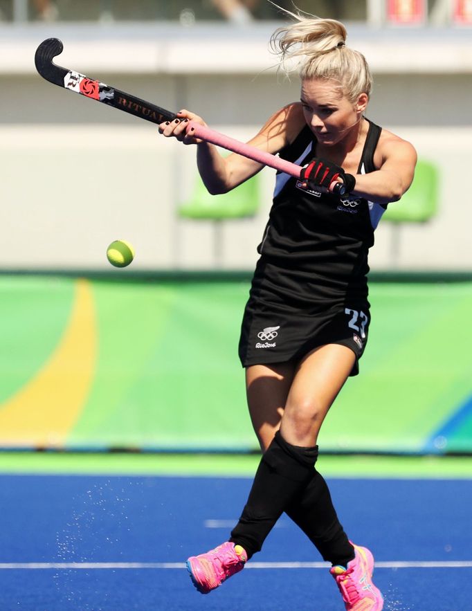 Women's Quarterfinal Match New Zealand v Australia - Olympic Hockey Centre - Rio de Janeiro, Brazil - 15/08/2016. Charlotte Harrison (NZL) of New Zealand competes.