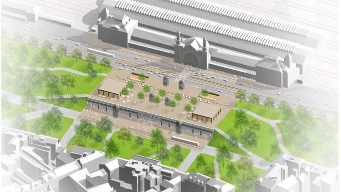 Na střeše podzemní odbavovací haly nádraží se dnes nachází pouze parkoviště. Do budoucna by ho ale měl nahradit park navazující na Vrchlického sady v okolí nádraží.