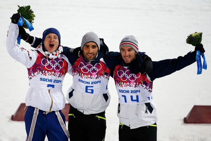 Soči 2014, biatlon, stíhačka: Ondřej Moravec, Martin Fourcade a Jean Guillaume Beatrix