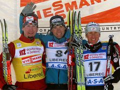 Stupně vítězů závodu mužů v Liberci: 1. Gaillard (Francie), 2. Bauer (Česko), 3. Hoffmann (Rakousko).